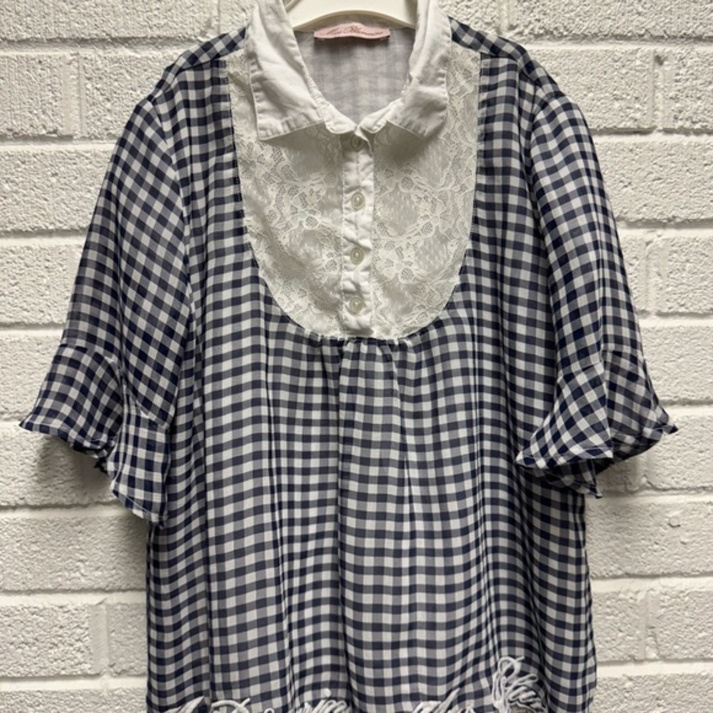 Navy Gingham Blouse with Lace Detail
